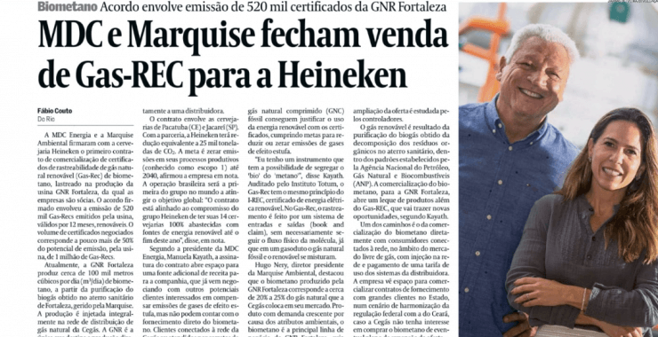 MARQUISE AMBIENTAL MAIS UMA VEZ NAS PÁGINAS DO JORNAL O VALOR ECONÔMICO